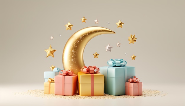 Arabic moon gifts and balloons Ramadan Islamic background Eid Mubarak 3d rendering