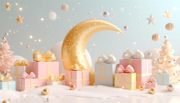 Arabic moon gifts and balloons Ramadan Islamic background Eid Mubarak 3d rendering