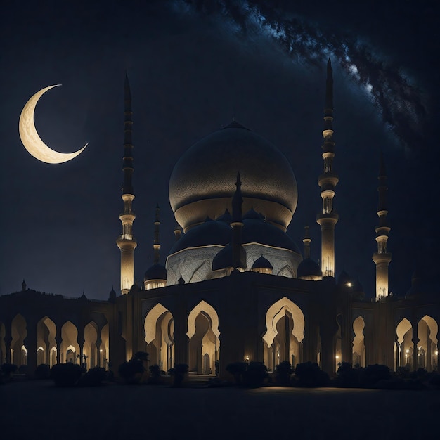 Arabic mosque with stars and moon in the beautiful sky eid ul adha