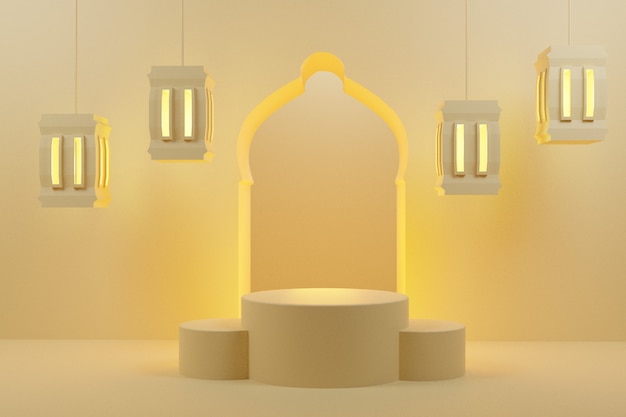 arabic podium 3d rendering with lanterns, minimal background display