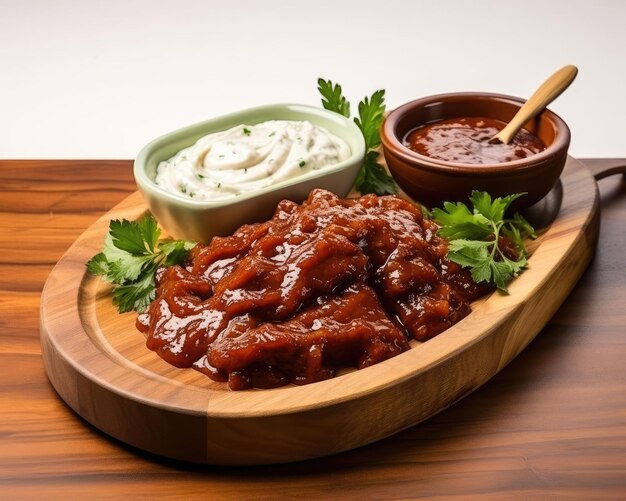 Photo arabic shaurma with sauce on a wooden board with isolated white background