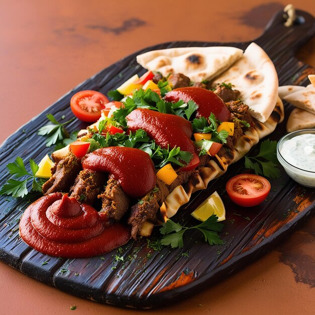 Photo arabic shaurma with sauce on a wooden board