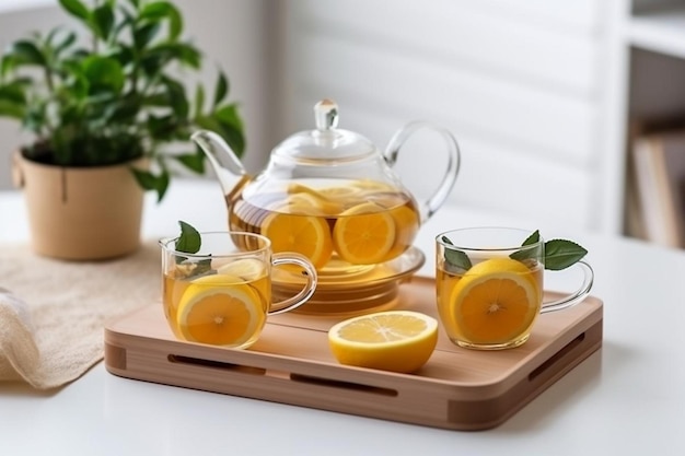 Arabic tea in cups with teapot on white table