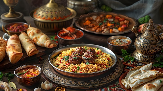 Photo arabic traditional dishes biryani kebabs samosas and desserts islamic arabic food