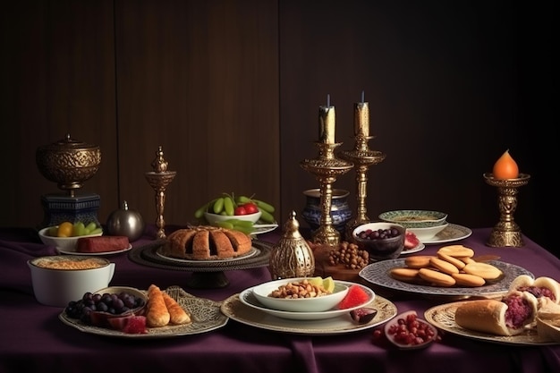 Arabic traditional festive food on a dark background Arab religious holidays Ramadan Islam Arab culture religion hospitality generative ai