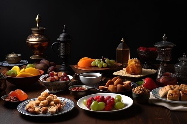 Arabic traditional festive food on a dark background Arab religious holidays Ramadan Islam Arab culture religion hospitality generative ai