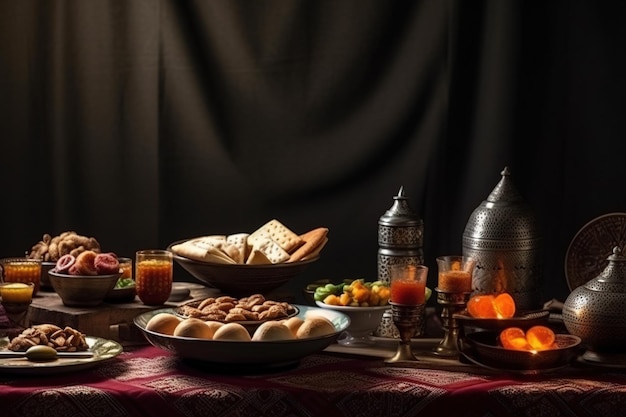 Arabic traditional festive food on a dark background Arab religious holidays Ramadan Islam Arab culture religion hospitality generative ai