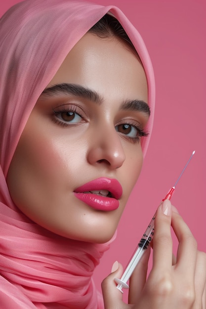 Arabic woman in pink headscarf holds syringe with serious expression Beauty studio promo for lip