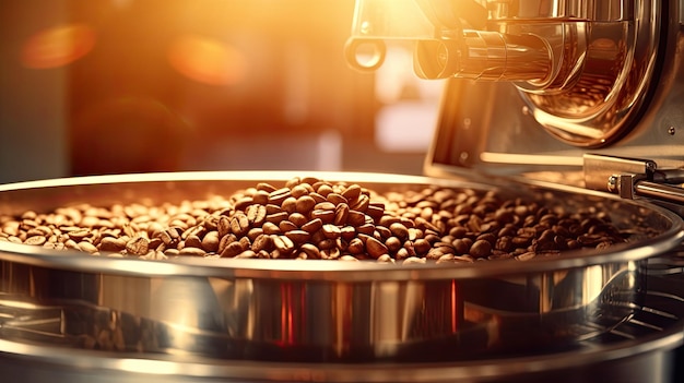 Arabica or Robusta coffee beans Coffee roaster Aromatic coffee beans situating in modern equipment with grain chiller Coffee Bean Roaster Machine Industry concept Generative Ai