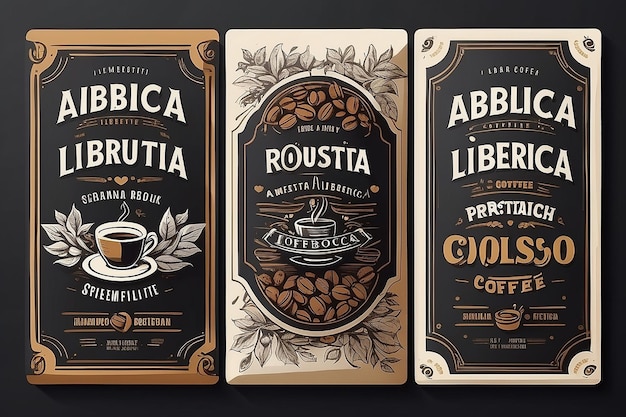 Arabica Robusta Liberica coffee beans packaging label design template Hand written lettering