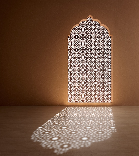 ArabicIslamic style interiorEmpty room with arch window and shadow on the floor