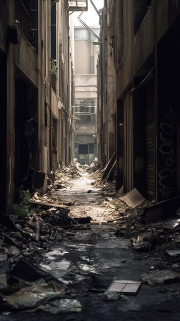 arafed alley with a lot of debris and a person walking through it generative ai