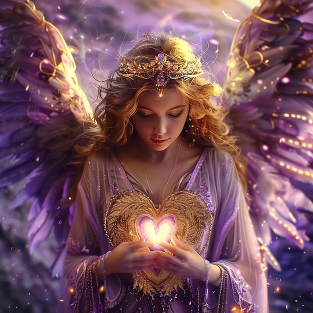 arafed angel holding a heart in her hands with a glowing light generative ai