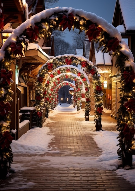 Arafed archway with christmas decorations and lights in a snowy street generative ai