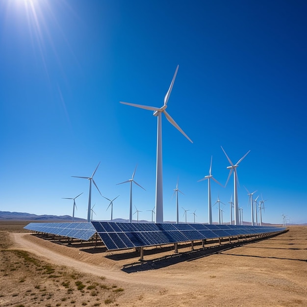 arafed array of wind turbines in a desert with a blue sky generative ai