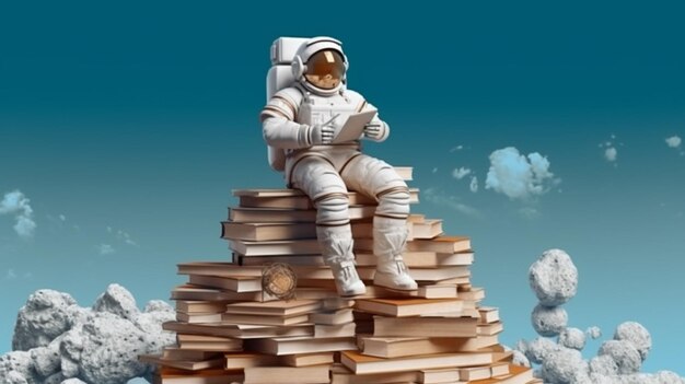 Arafed astronaut sitting on a pile of books reading a book generative ai