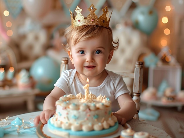 arafed baby wearing a crown sitting in front of a cake generative ai