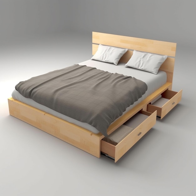 Arafed bed with a wooden frame and drawers underneath it generative ai