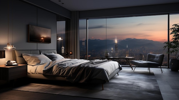 arafed bedroom with a view of a city at night generative ai