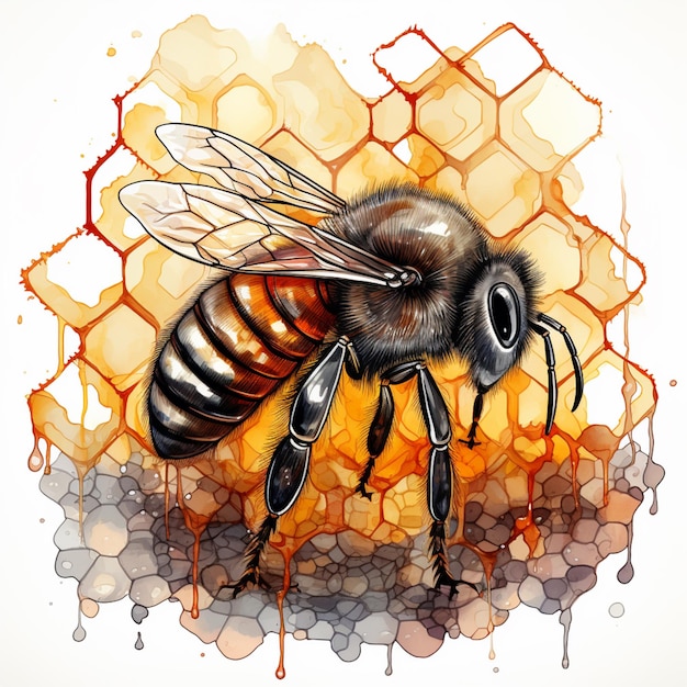 Arafed bee on a honeycomb with honey drops generative ai