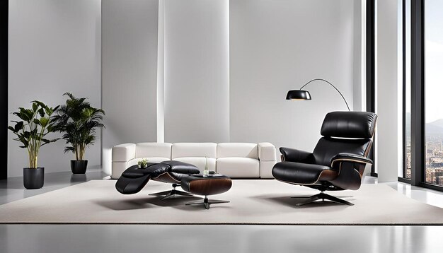 Photo arafed black leather couch with two recliners in a white room