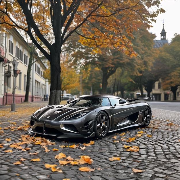 Photo arafed black sports car parked on a cobblestone street generative ai