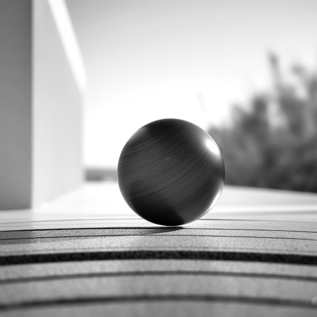 Arafed black and white photo of a ball on a table generative ai