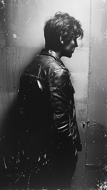 arafed black and white photo of a man in a leather jacket generative ai