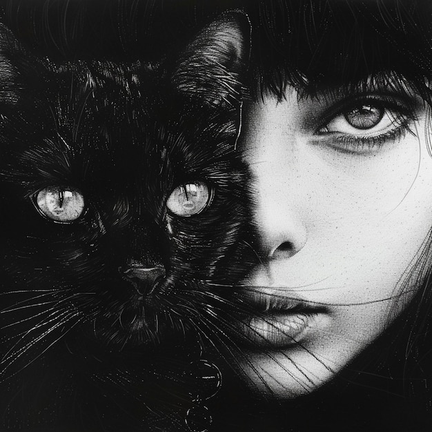 arafed black and white photograph of a woman with a cat generative ai