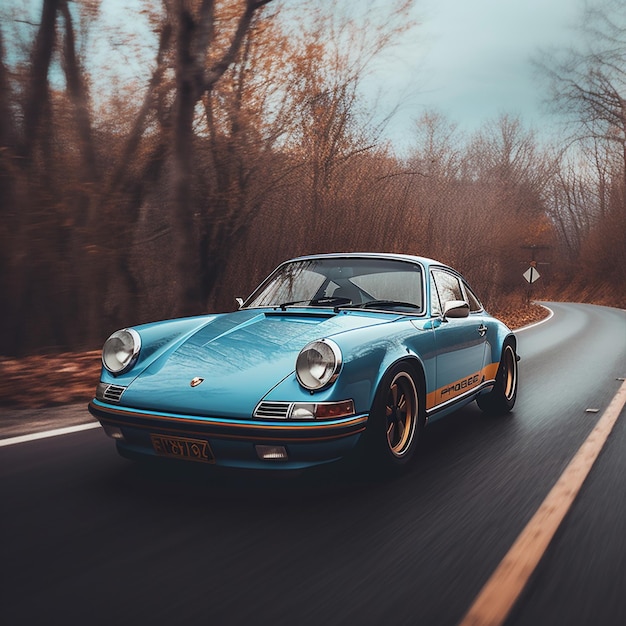 Arafed blue car driving down a road with trees in the background generative ai