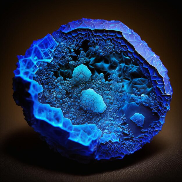 Arafed blue glass sculpture of a rock with a blue glow generative ai