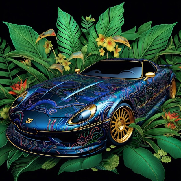 Arafed blue sports car with a floral design on the hood generative ai