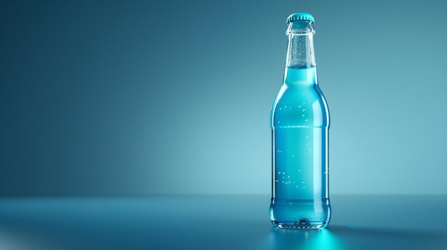 arafed bottle of blue water on a table with a blue background generative ai