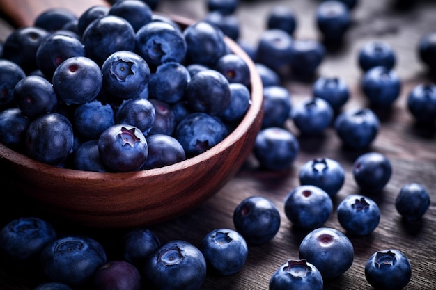 arafed bowl of blueberries on a wooden table with a wooden spoon generative ai