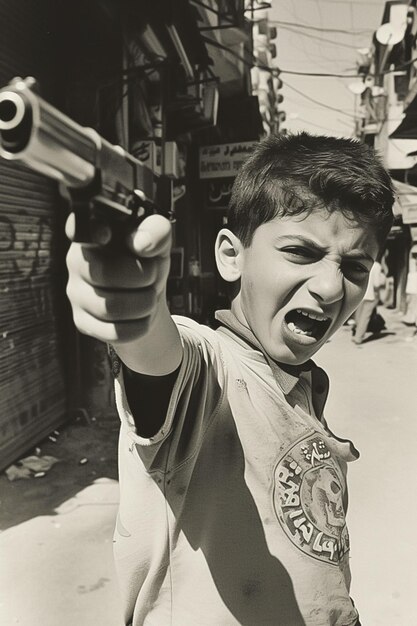 Photo arafed boy holding a gun in the middle of a street