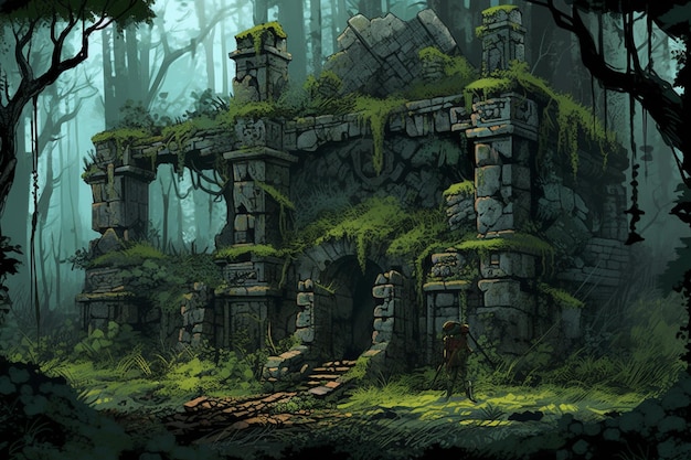 Arafed building in the middle of a forest with moss growing on it generative ai