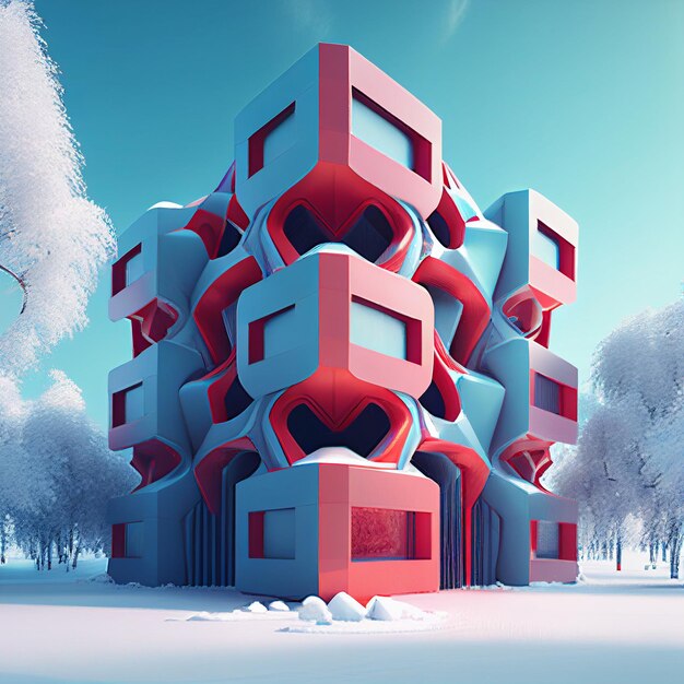 Arafed building with red and blue colors in a snowy landscape generative ai