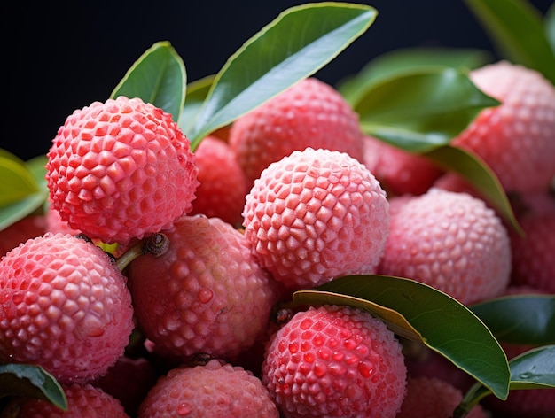 Arafed bunch of fresh red fruits with green leaves on a black background generative ai