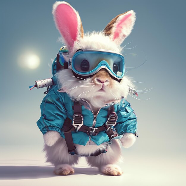 arafed bunny wearing a blue jacket and goggles with a pair of skis generative ai