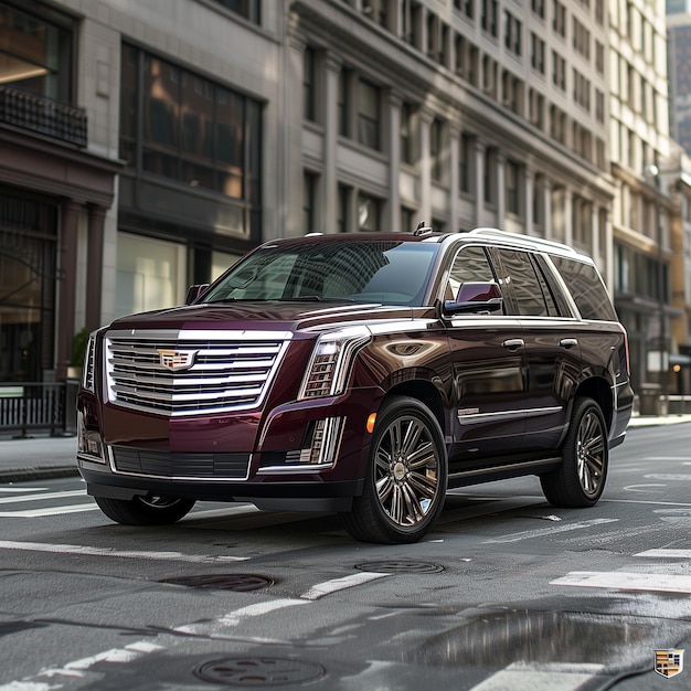 Photo arafed cadillac suv parked on a city street in front of a tall building generative ai