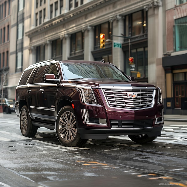 Photo arafed cadillac suv parked on a city street in the rain generative ai