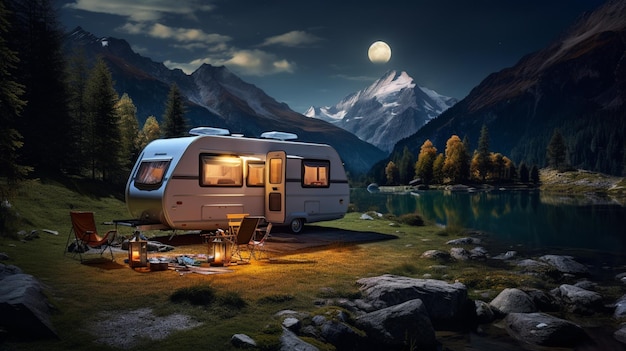 Arafed camper parked on a grassy field next to a lake generative ai