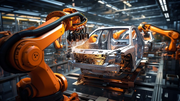 Arafed car being assembled in a factory with a robot generative ai