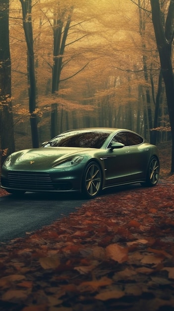 Arafed car parked on a road in a forest with leaves generative ai