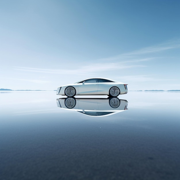 Arafed car on a reflective surface with a sky background generative ai