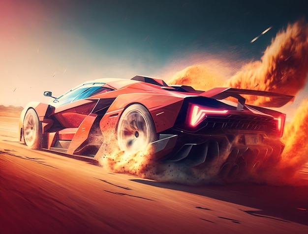 Arafed car with flames coming out of it driving on a desert road generative ai