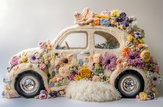 Photo arafed car with flowers and feathers on top of it