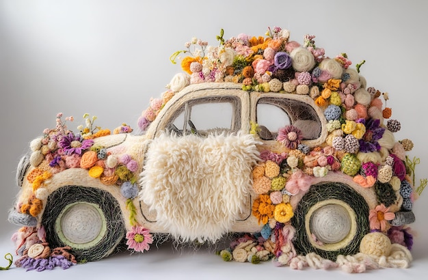 Photo arafed car with a fluffy pillow and flowers on the front