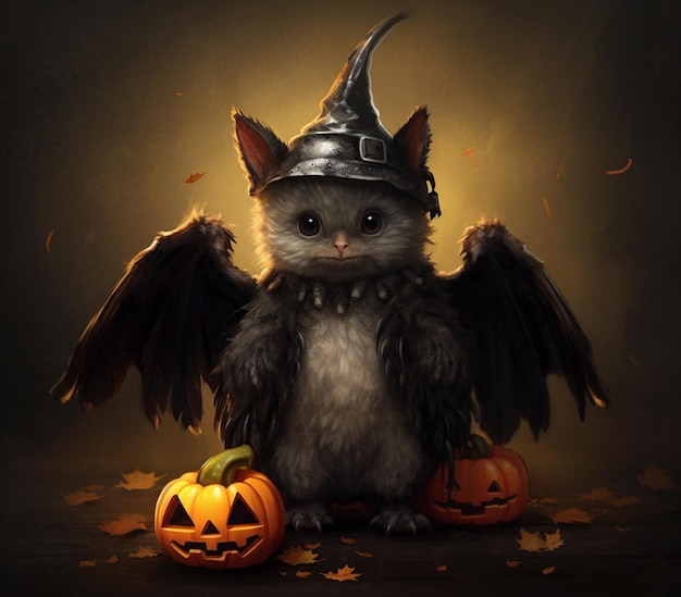 arafed cat dressed up as a witch with a pumpkin generative ai