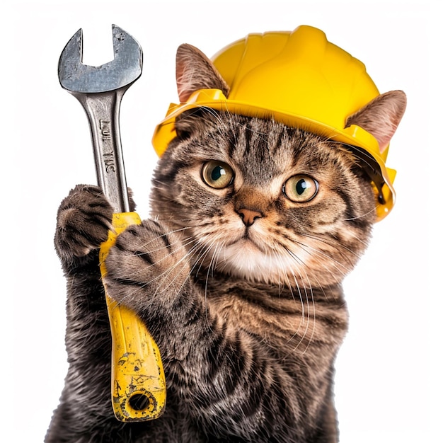 Photo arafed cat wearing a hard hat holding a wrench and a wrench generative ai